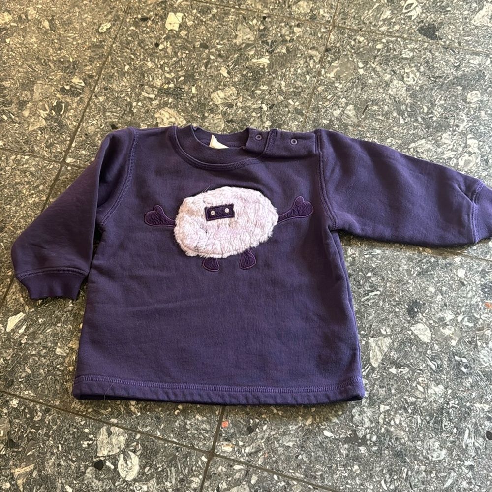 Oilily purple fuzzy monster zippered applique long sleeve sweatshirt. 6-9 months